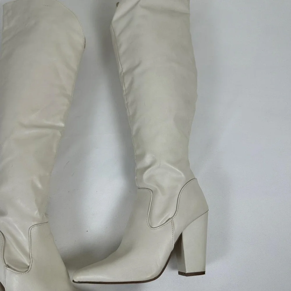 Cream leather knee high boots with block heel size 9